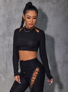 SHEIN SXY Áo thun nữ Cắt ra Gân đan màu trơn Gợi cảm - màu đen - Xem 3