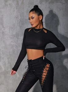 SHEIN SXY Áo thun nữ Cắt ra Gân đan màu trơn Gợi cảm - màu đen - Xem 4