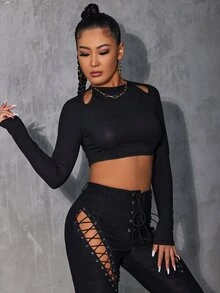 SHEIN SXY Áo thun nữ Cắt ra Gân đan màu trơn Gợi cảm - màu đen - Xem 5