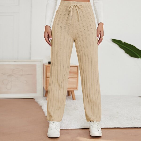 

Solid Drawstring Waist Knit Pants, Khaki