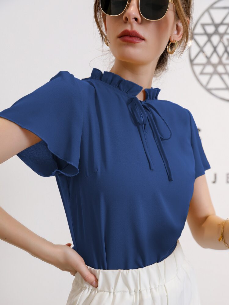 Modelyn Tie Neck Puff Sleeve Blouse - Dusty Blue - View 3