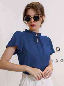 Modelyn Tie Neck Puff Sleeve Blouse - Dusty Blue - View 4
