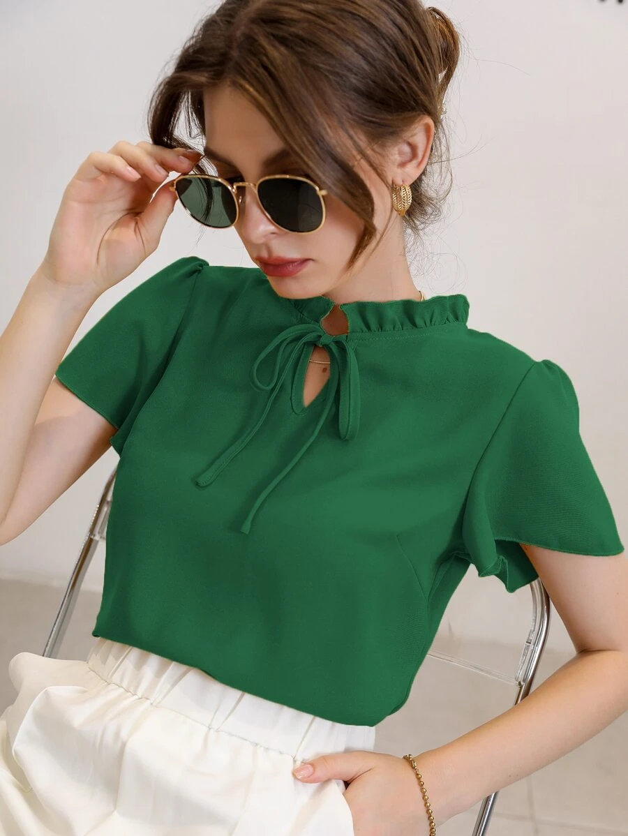 Modelyn Blusa de cuello con cordón de manga farol - Verde - Ver 1