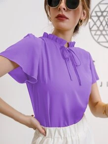 Blusa de cuello con cordón de manga farol - Morado Violeta - Ver 5
