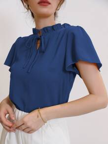 Modelyn Tie Neck Puff Sleeve Blouse - Dusty Blue - View 5