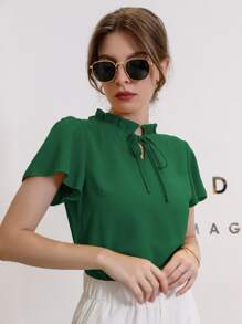 Modelyn Blusa de cuello con cordón de manga farol - Verde - Ver 3