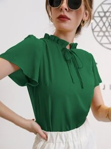 Modelyn Blusa de cuello con cordón de manga farol - Verde - Ver 5