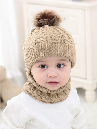 兒童絨球裝飾豆豆帽和無窮圍巾