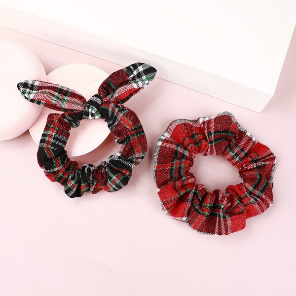 

2pcs Christmas Plaid Pattern Scrunchie, Red
