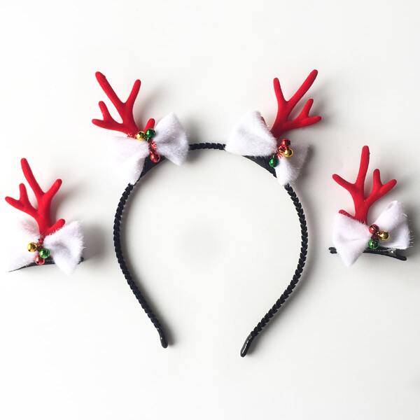 

Christmas Antlers Decor Headband & 2pcs Hair Clip, Multicolor