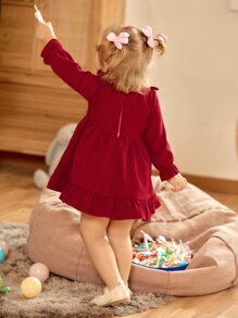 Baby Girl Contrast Panel Ruffle Hem Smock Dress - Red - View 2