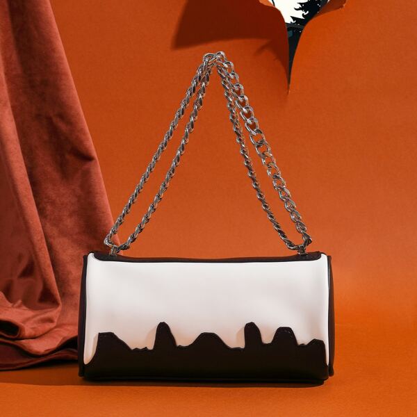 

Colorblock Chain Boston Bag, Black and white