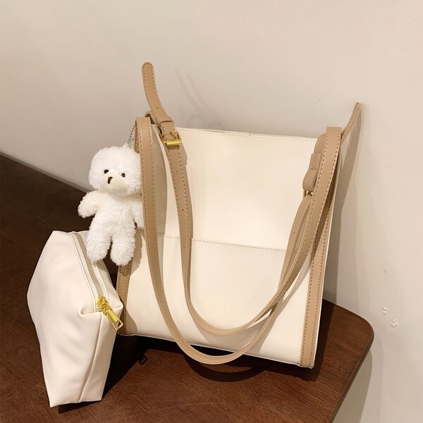 

Contrast Binding Shoulder Bag With Inner Pouch & Bear Charm, Khaki