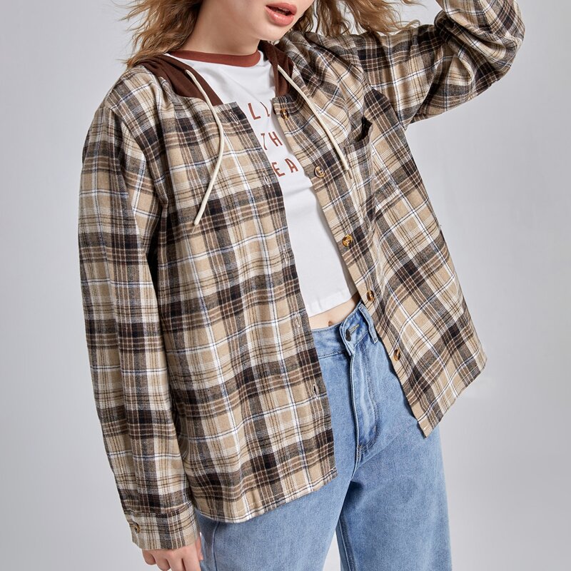 

Plaid Button Front Drawstring Pocket Blouse, Multicolor