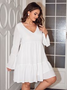 SHEIN Privé Vestido smock manga de campana bajo con fruncido - Blanco - Ver 1