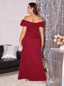 SHEIN 大碼一字肩側收褶下擺開叉連衣裙 - 紅色 - 查看 2