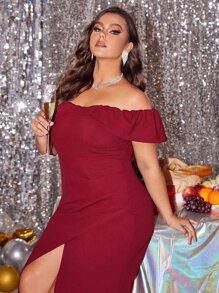 SHEIN 大碼一字肩側收褶下擺開叉連衣裙 - 紅色 - 查看 5