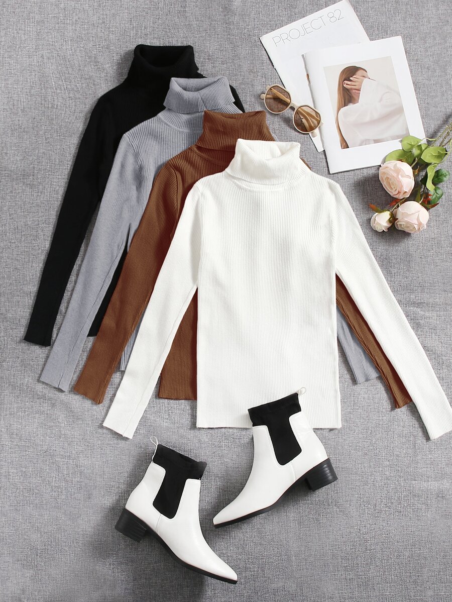 SHEIN LUNE 4 piezas Suéter de punto acanalado de cuello alto sólido para otoño/invierno