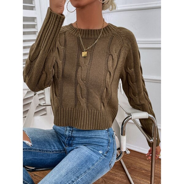

Raglan Sleeve Cable Knit Sweater, Mocha brown