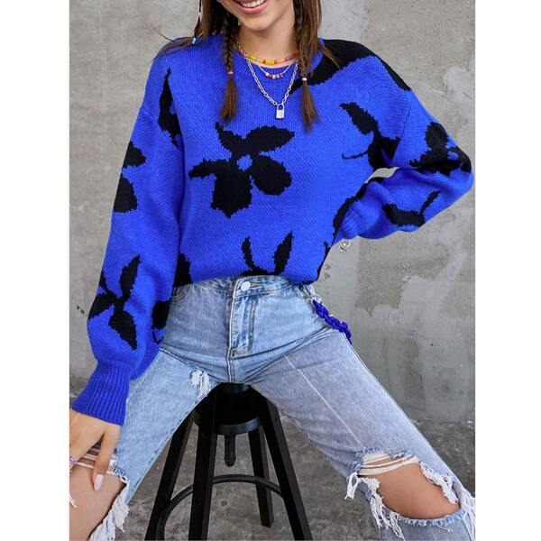 

Floral Pattern Drop Shoulder Sweater, Royal blue