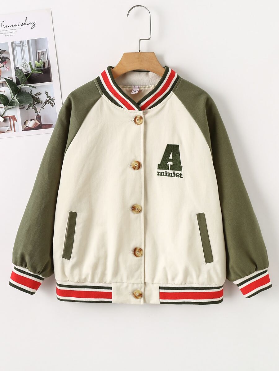 Niñas Cazadora de universidad con bordado de letra de manga raglán de color combinado