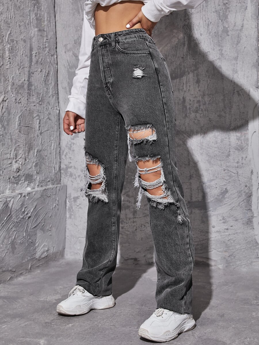 Jeans tipo boyfriend rotos - Gris Oscuro - Ver 1