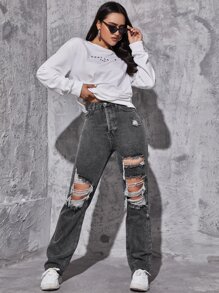 Jeans tipo boyfriend rotos - Gris Oscuro - Ver 4