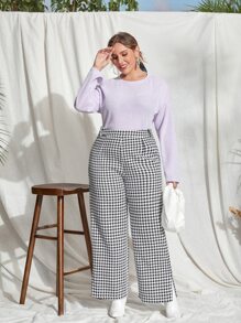 Plus Houndstooth Split Hem Wide Leg Trousers - Black and White - View 1
