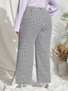 Plus Houndstooth Split Hem Wide Leg Trousers - Black and White - View 2