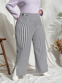 Plus Houndstooth Split Hem Wide Leg Trousers - Black and White - View 3
