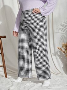 Plus Houndstooth Split Hem Wide Leg Trousers - Black and White - View 5