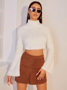 SHEIN MOD 小高領鐘形袖法蘭絨短款套頭衫 - 白色 - 查看 1