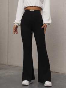 SHEIN EZwear Summer Outfits High Waist Patched Detail Flare Leg Pants - Black - View 2
