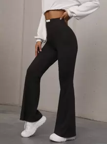 SHEIN EZwear Summer Outfits High Waist Patched Detail Flare Leg Pants - Black - View 6