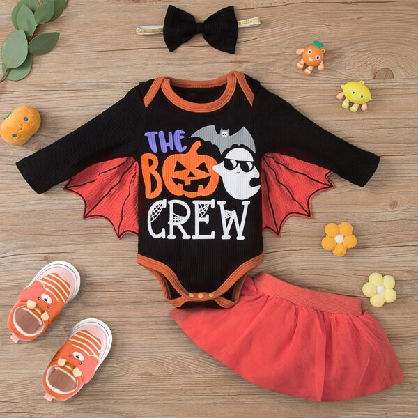 

Baby Halloween Bat Costume Bodysuit & Mesh Skirt & Headband, Red