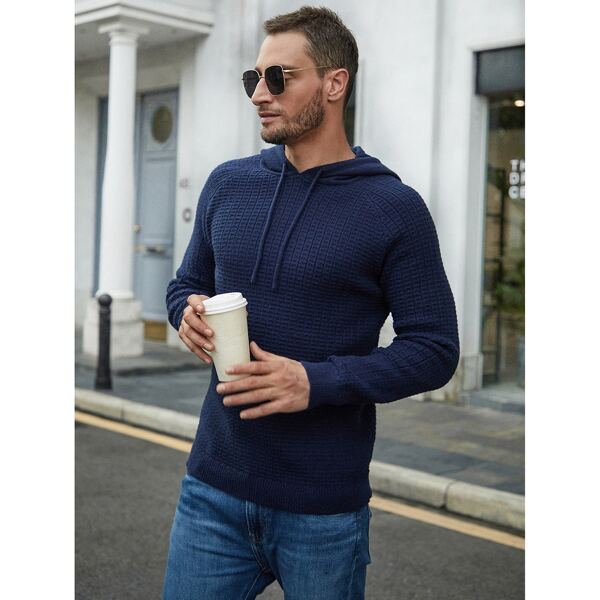 

Men Raglan Sleeve Drawstring Hooded Sweater, Navy blue