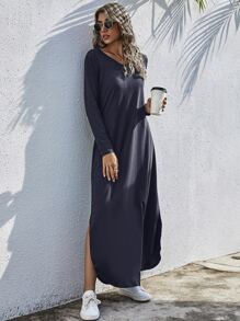 SHEIN LUNE 素色開衩T恤連衣裙 - 藏蓝色 - 查看 1