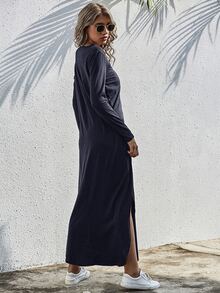 SHEIN LUNE 素色開衩T恤連衣裙 - 藏蓝色 - 查看 2