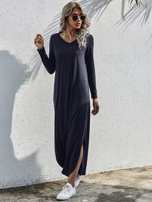 SHEIN LUNE 素色開衩T恤連衣裙 - 藏蓝色 - 查看 3
