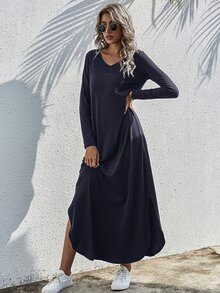 SHEIN LUNE 素色開衩T恤連衣裙 - 藏蓝色 - 查看 4