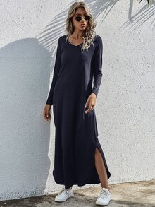 SHEIN LUNE 素色開衩T恤連衣裙 - 藏蓝色 - 查看 5