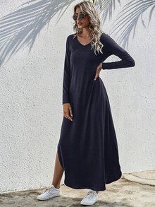 SHEIN LUNE 素色開衩T恤連衣裙 - 藏蓝色 - 查看 6