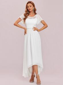 EVERPRETTY Contrast Lace Top-stitching Butterfly Sleeve High Low Hem Dress - White - View 6