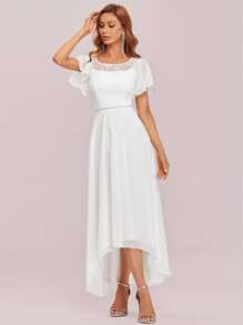 EVERPRETTY Contrast Lace Top-stitching Butterfly Sleeve High Low Hem Dress - White - View 7