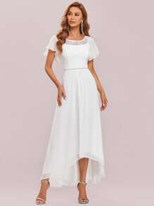 EVERPRETTY Contrast Lace Top-stitching Butterfly Sleeve High Low Hem Dress - White - View 8