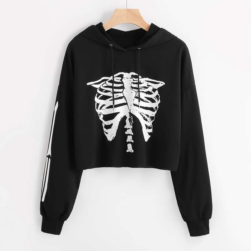 

Skeleton Print Crop Sweatshirt, Black