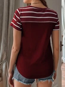 SHEIN LUNE Striped Pocket Front Tee - Burgundy - View 2