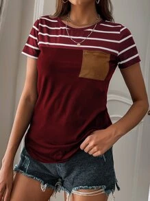 SHEIN LUNE Striped Pocket Front Tee - Burgundy - View 3