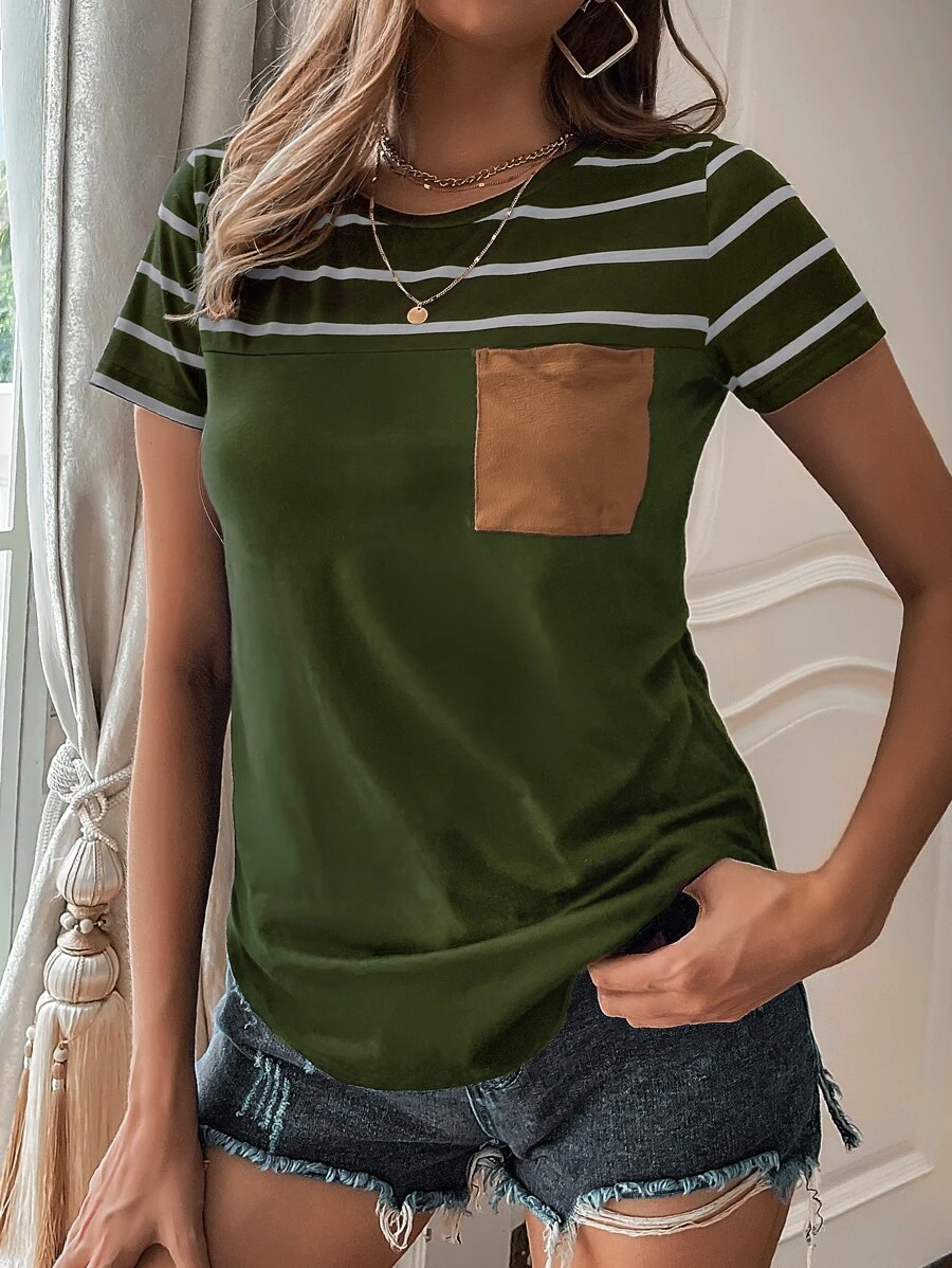 SHEIN LUNE Striped Pocket Front Tee