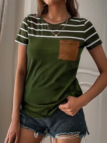 SHEIN LUNE Striped Pocket Front Tee